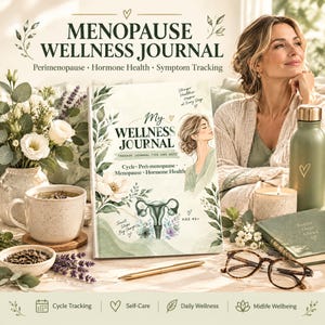 Puede incluir: Un diario de bienestar para la menopausia con cubierta verde suave, ilustraciones botánicas, el perfil de una mujer y texto que incluye My Wellness Journal, Cycle, Peri-menopause, Menopause, Hormone Health y Age 40+. Acompañado de una taza, bolígrafo, gafas y botella.
