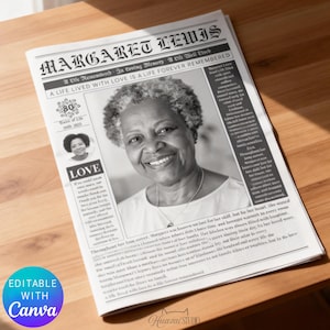 May include: A black and white newspaper-style memorial print featuring a smiling woman. The headline reads "Margaret Lewis" with the text "A Life Lived With Love Is A Life Forever Remembered." Includes a photo, dates, and the word "LOVE."