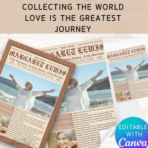 May include: A framed memorial print in a newspaper style, bearing the name "Margaret Lewis" and the dates 1945-2025. It features a photo of a woman with outstretched arms, and the text "We Will Always Love You."