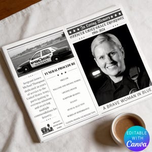 May include: A black and white memorial newspaper with a photo of a smiling woman in a police uniform. The headline reads "In Loving Memory Officer Emily Grace Thompson 1988-2024." The newspaper includes a photo of a police car and a funeral procedure.