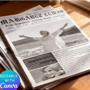 May include: A stack of memorial newspapers with the headline "MARGARET LEWIS" and the years "1945-2025." The main image is a grayscale photo of a woman with her arms outstretched. The text "WE WILL ALWAYS LOVE YOU" is also visible.