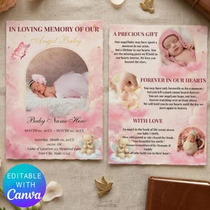 May include: A memorial card with a pink and white design, featuring photos of a baby and text. The card includes the phrases "In Loving Memory of Our Angel Baby," "Baby Name Here," and "Editable with Canva."