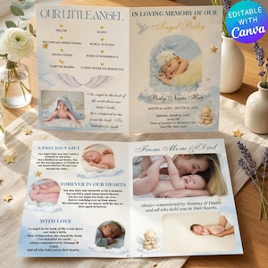 Puede incluir: Una tarjeta conmemorativa con un tema de bebé. La tarjeta presenta fotos de un bebé, alas de ángel y texto que dice "Our Little Angel" y "In Loving Memory of Our Angel Baby". La tarjeta es editable con Canva.