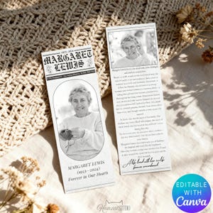 May include: Two memorial bookmarks with a black and white photo of Margaret Lewis. The bookmarks have text that reads "MARGARET LEWIS (1953-2024) Forever in Our Hearts" and a newspaper-style headline. The background is a beige knitted fabric.