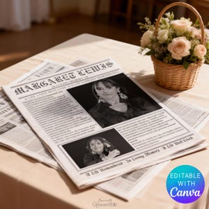 May include: A memorial newspaper with the headline "Margaret Lewis" and the text "A Life Lived With Love Is A Life Forever Remembered." The newspaper features two black and white photos of a woman. A basket of flowers is in the background.