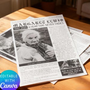Può includere: Una stampa di giornale commemorativo in bianco e nero con il titolo "Margaret Lewis: A Heart That Never Fades". L'immagine include un ritratto di una donna anziana e del testo. Le parole "Editable with Canva" sono anche visibili.