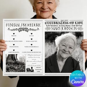 Può includere: Un programma di servizio commemorativo in bianco e nero con il testo "Procedura funebre" e "Celebrazione della vita". Il programma include una foto di una donna ed è modificabile con Canva.