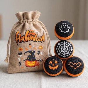 Halloween Crocheted Hacky Sack Footbag Set Ghost Pumpkin Bat Juggling Balls Fall Party Favor Burlap Bag