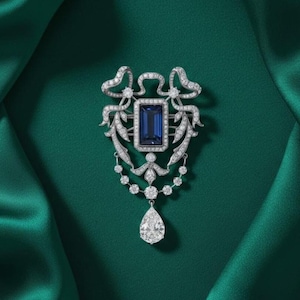 Blauwe saffier diamanten hanger, 14k witgouden vergulde pin, 925 sterlingzilveren damesbroche, huwelijkssieraden