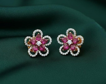 Orecchini a bottone con fiore di rubino rosa, placcati in oro 14 carati, argento sterling 925, orecchini floreali con alone di diamanti, regalo di gioielli con pietra portafortuna di luglio
