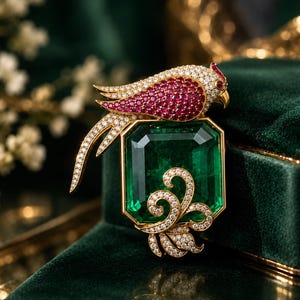 4Ct Emerald Ruby CZ Bird Brooch, Green Gemstone Brooch, 14K Yellow Gold Plated, 925 Sterling Silver Statement Brooch, Gift For Her