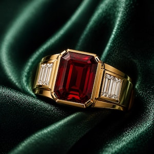 Könnte beinhalten: Ein Goldring mit einem großen, rechteckigen, smaragdgeschliffenen tiefroten Edelstein in der Mitte, flankiert von zwei kleineren, rechteckigen, im Baguetteschliff geschliffenen klaren weißen Steinen auf jeder Seite, in einer polierten Gelbgoldschiene.