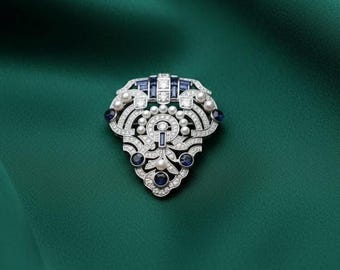 Art Deco Blue Sapphire Brooch, Pearl Accent Vintage Pin, 14K Gold Plated, 925 Sterling Silver Jewelry, Elegant Statement Brooch Gift for Her