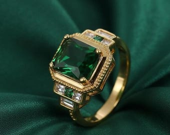 Emerald Green Art Deco Ring, 14K Gold Plated 925 Silver, Vintage Square Cut Statement Ring for Women