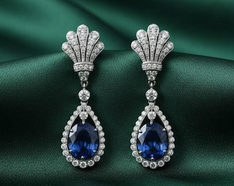Brincos de Safira Azul em Formato de Gota, Estilo Vintage, Prata de Lei 925 com Banho de Ouro Branco 14k, Brincos de Noiva para Mulheres