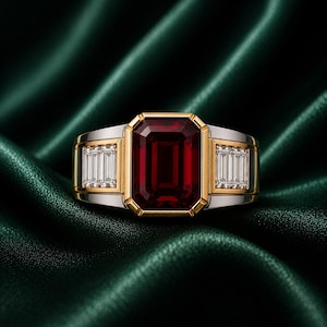 Herrenring mit rotem Rubin (2 Karat) und Moissanit-Seitensteinen, 14 Karat gelbvergoldet, 925er Sterlingsilber, Statement-Ring, Geschenk für ihn