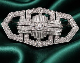 Broche Art Déco de diamantes, broche geométrico vintage, broche de estilo antiguo, broche llamativo, broche nupcial, regalo de joyería para bodas