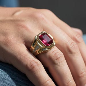 Op de afbeelding: Een gouden ring met een grote, rechthoekige, rode edelsteen. De ring heeft een gedetailleerd ontwerp met kleine, heldere stenen langs de zijkanten. De ring zit om een vinger.