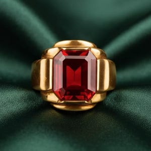 May include: A gold ring featuring a large, rectangular, deep red gemstone. The ring has a thick band and a detailed setting that frames the stone. The ring is set against a dark green background.