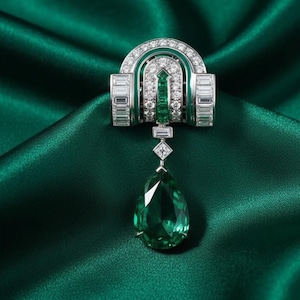 May include: An Art Deco-style brooch with a large, pear-shaped emerald pendant. The brooch features a silver-toned metal design with clear and emerald-green accents. The background is a deep emerald green satin fabric.