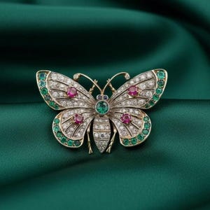 Può includere: Spilla a forma di farfalla con montatura dorata, ornata di smeraldi verdi, rubini rossi e pietre preziose trasparenti. Le ali sono decorate con file di pietre scintillanti e il corpo presenta una gemma verde centrale. Un gioiello classico.