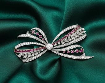 Spilla a fiocco vintage, spilla con rubino rosa e diamanti, spilla a nastro in stile Art Déco placcata in oro 14k, spilla da donna in argento 925, regalo di gioielli da sposa