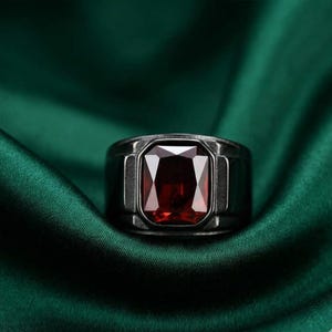 3Ct Emerald-Cut Ruby Men's Signet Ring, Black Rhodium Statement Ring, 925 Sterling Silver, July Birthstone Jewelry, Gift For Him