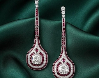 Pendientes colgantes Art Déco con rubí y diamantes, chapados en oro blanco de 14 k, plata de ley 925, gema rosa vintage, joyas de boda Gatsby.