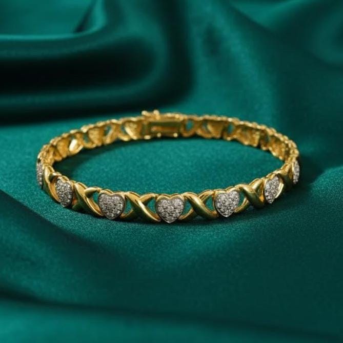 14k Gold Plated Heart Cut Tennis Bracelet, 925 Sterling Silver Bracelet, Dainty Heart Design Bracelet