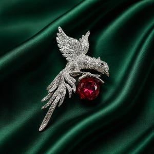 2Ct Blood Red Ruby CZ Diamond Raven Brooch Pin, 14k White Gold Plated Bird Brooch, 925 Sterling Silver Jewelry, Statement Brooch Gift
