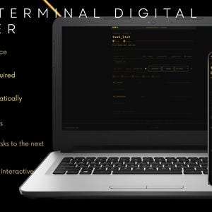 Puede incluir: Un portátil y un smartphone muestran una interfaz de planificador digital. El texto "LINUX TERMINAL DIGITAL PLANNER" está en la parte superior. Las características incluyen: funciona en cualquier dispositivo, no requiere instalación, datos guardados automáticamente, seguimiento del progreso.