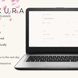 May include: A laptop and smartphone showing a digital planner interface. The screen displays a daily task list. The image includes the text "SAKURA DIGITAL PLANNER" and features such as "Works on any device" and "Data saved automatically."