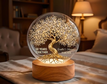Boule lumineuse LED en cristal pour couple personnalisée Arbre d'amour, cadeau d'anniversaire de mariage personnalisé, cadeau pour couple, cadeau d'anniversaire par année pour elle/lui