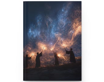 May include: A hardcover journal featuring a fantasy scene. Silhouetted figures in robes hold wands, casting spells into a swirling blue and orange night sky. The journal has a dark cover and a clean, minimalist design.