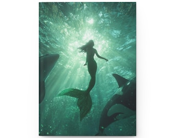 May include: A journal featuring a mermaid swimming underwater with orcas. The mermaid has long flowing hair and a green tail. The background is a teal color with sunlight shining through the water.