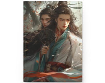 May include: A hardcover journal featuring a digital illustration of two figures in traditional Asian attire. One figure holds a black fan. The figures are set against a backdrop of foliage, with a color palette of white, teal, red, and gold.
