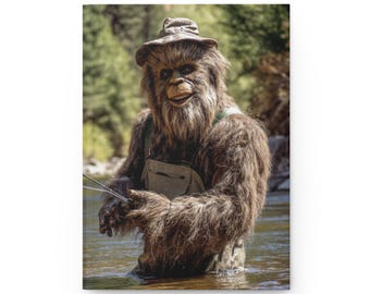 May include: A brown, furry, humanoid creature wearing a tan bucket hat and light-colored overalls, standing in a river while holding a thin fishing rod. The creature has long, shaggy hair, a wide mouth, and dark eyes, appearing to be fishing.