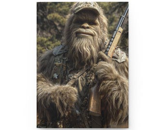 May include: A journal featuring a detailed illustration of a Bigfoot-like creature in camouflage attire, holding a rifle. The creature has brown fur, a beard, and a hat. The background shows a blurred forest scene.