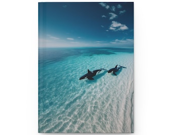 May include: Hardcover journal featuring a serene ocean scene with two orcas swimming in clear turquoise water under a bright blue sky. The journal's cover displays a vibrant photograph of the marine life.