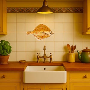 Puede incluir: Interior de cocina con fregadero blanco, grifo de latón y armarios amarillos. Una pintura de acuarela de un pez plano con manchas rojas está en la pared alicatada. También se ven una tetera verde y una planta en maceta.