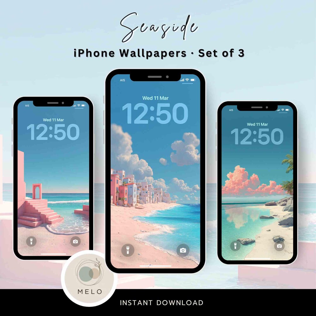 Seaside iPhone Wallpaper Set – Coastal Beach Phone Background, Pastel ...