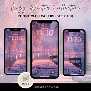 Puede incluir: Tres pantallas de iPhone que muestran un fondo de pantalla de paisaje invernal con un muelle nevado, árboles y un lago. La hora 11:30 es visible en cada pantalla. El texto "Cozy Winter Collection" y "iPhone Wallpapers (Set of 3)" están en la parte superior.