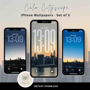 May include: Three iPhone wallpapers displaying a calm cityscape at dusk. Each phone shows a different view of a city skyline with the time 13:09 displayed. The text "Calm Cityscape" and "iPhone Wallpapers - Set of 3" are at the top.