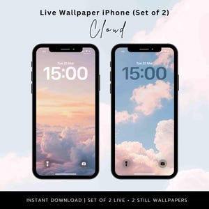 May include: Two black iPhone devices displaying cloud-themed live wallpapers. The screens show a sunset and a blue sky with clouds. The text "Live Wallpaper iPhone (Set of 2)" and "Cloud" are at the top. The time "15:00" is displayed on both screens.