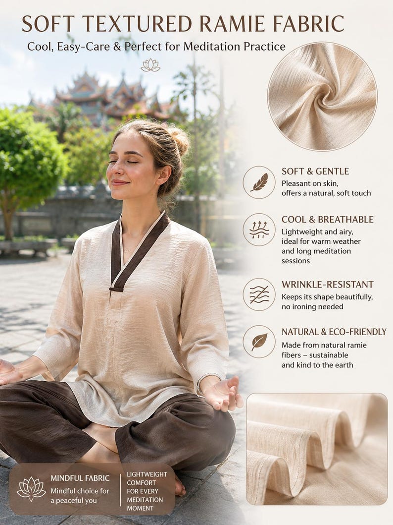 K&ouml;nnte beinhalten: Eine Person tr&auml;gt ein beiges Meditationsoutfit aus Ramie-Stoff, einschlie&szlig;lich eines lang&auml;rmeligen Oberteils mit dunkelbraunem Besatz und passender Hose. Das Bild enth&auml;lt den Text "Soft Textured Ramie Fabric" und "Mindful Fabric".