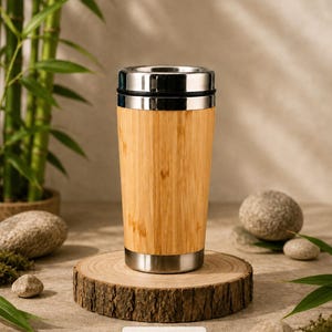 May include: A cylindrical travel mug with a light brown bamboo exterior, featuring a silver-toned metal rim at the top and a silver-toned metal base. The mug has a capacity of 15.2 oz as indicated by the text label at the bottom of the image.