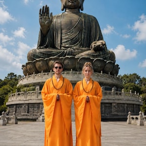 May include: Two people wearing orange robes and necklaces stand in front of a large bronze Buddha statue. The statue is seated on a lotus flower base. The sky is blue with scattered clouds. The people are wearing sunglasses.