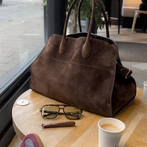 Minimalist 17inch Handmade Bag, Large Suede Handbag, Top Handle Bag, Women Chocolate Brown Large Shoulder Bag Work Travel Everyday Bag