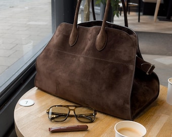 Minimalist 17inch Handmade Bag, Large Suede Handbag, Top Handle Bag, Women Chocolate Brown Large Shoulder Bag Work Travel Everyday Bag