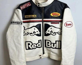 Men’s Vintage Red Bull Racing Jacket: Cowhide Leather Biker Outerwear